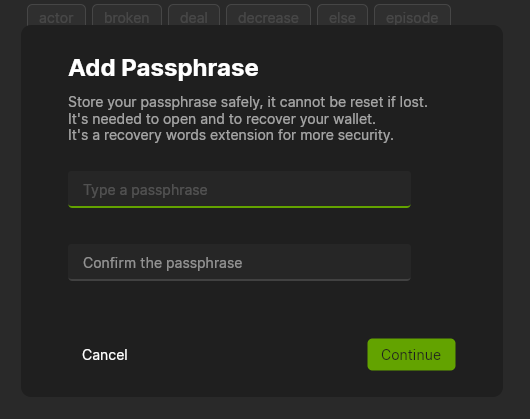 Add a passphrase in Wasabi