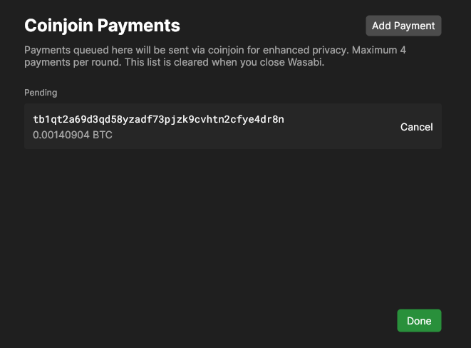 Coinjoin Payments dialog Coinjoin Payments Dialog