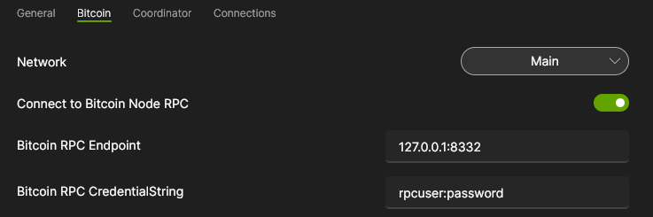 Settings Bitcoin RPC